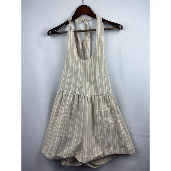 Women’s Mable Small Cream & Tan Halter Romper with Pockets & Back Tie - Picture 1 of 6